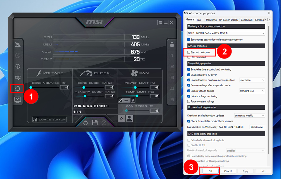 Nummeriertes Tutorial: Öffnen Sie die Einstellungen, aktivieren Sie „Mit Windows starten“ und bestätigen Sie dann in den MSI Afterburner-Eigenschaften